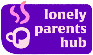 Lonely parents hub logo - shows a mug of coffee on the left with the inside of the mug shaped like the letter P